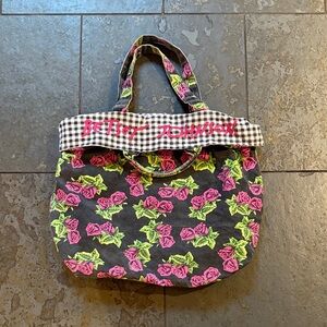 Vintage Y2K Betsey Johnson Black Tote with Pink and Green Floral Design